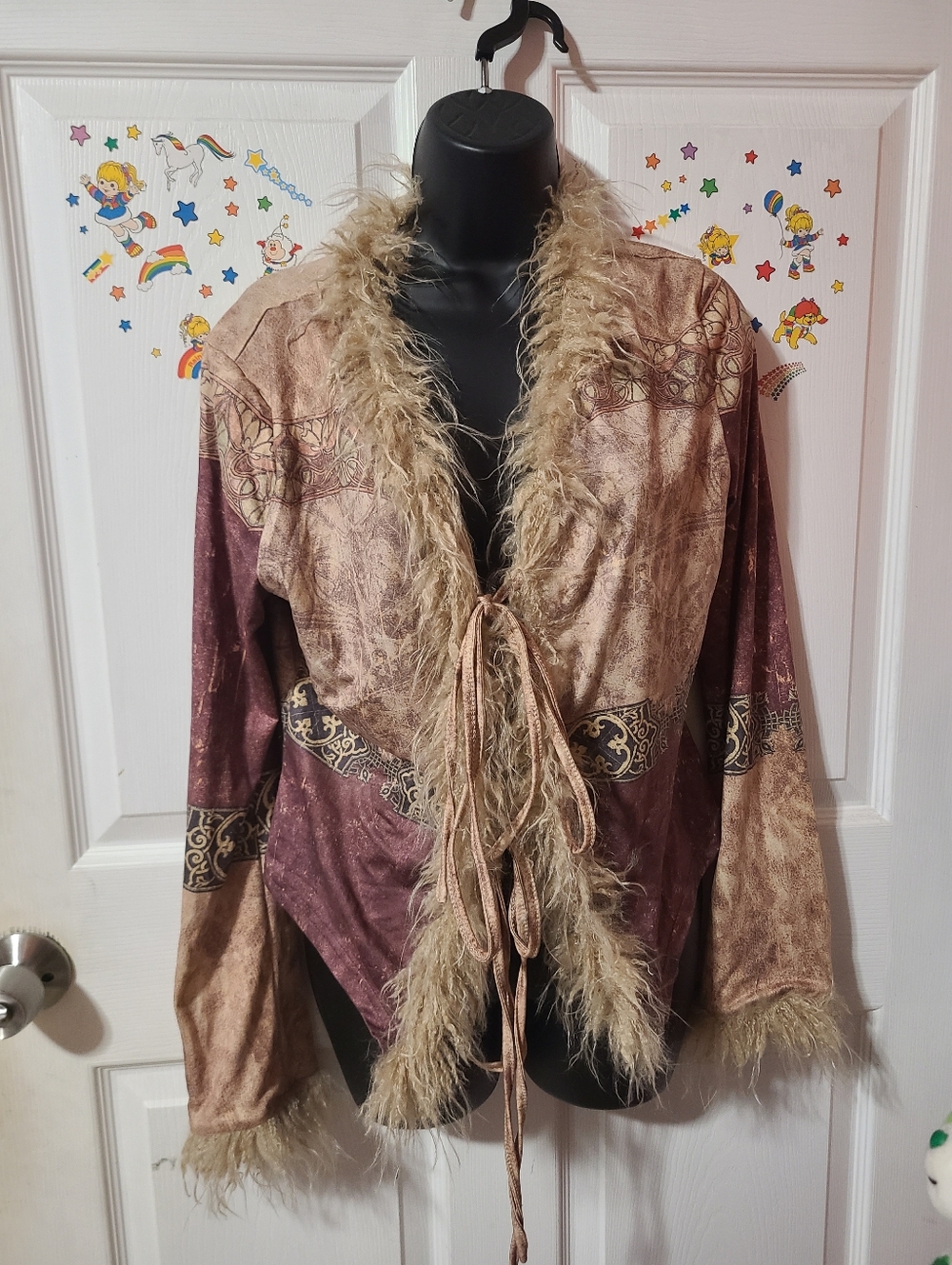Faux Fur Trimmed Boho Tie-Front Jacket - Mauve/Brown